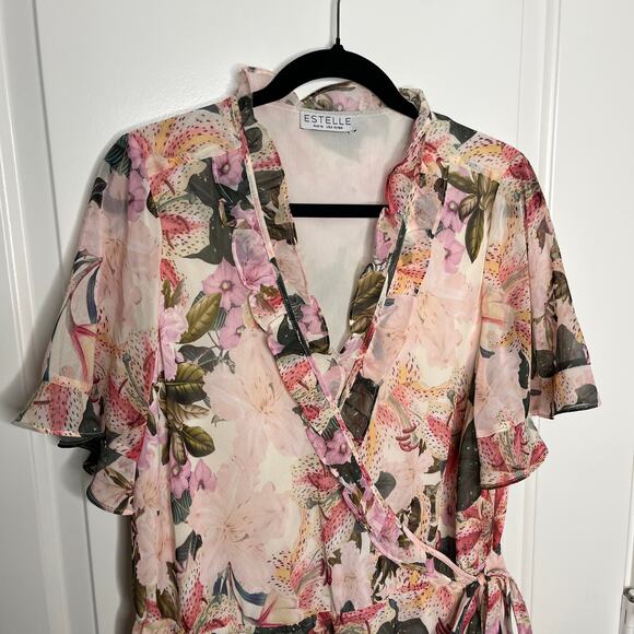 Estelle Women's Plus Size Wrap Dress Lily Print Size 1X 16W Pink Ruffle - Picture 10 of 10